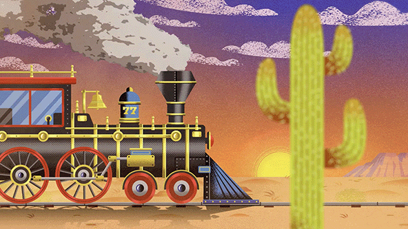 Image of train rolling past cactus