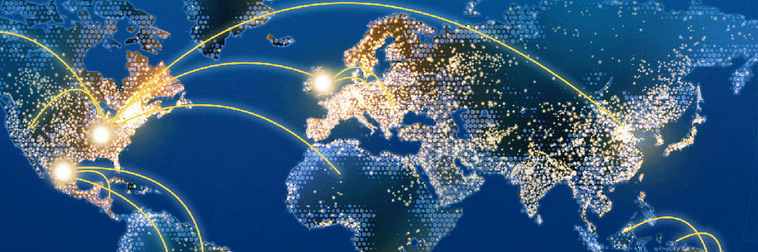 Illuminated world map with arcs of light connecting cities across the continents