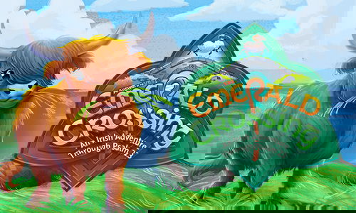 VBS Highland Cow, named Shirley, next to Emerald Crossing logo