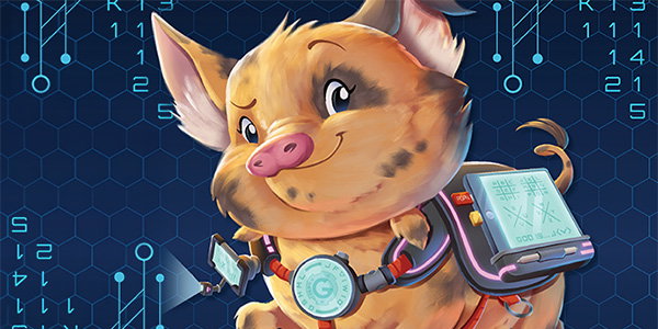 Cartoon Kunekune Pig with futuristic saddle and flashlight