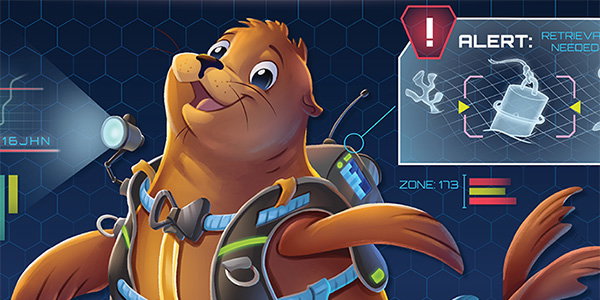 Cartoon Sea Lion with flashlight and backback